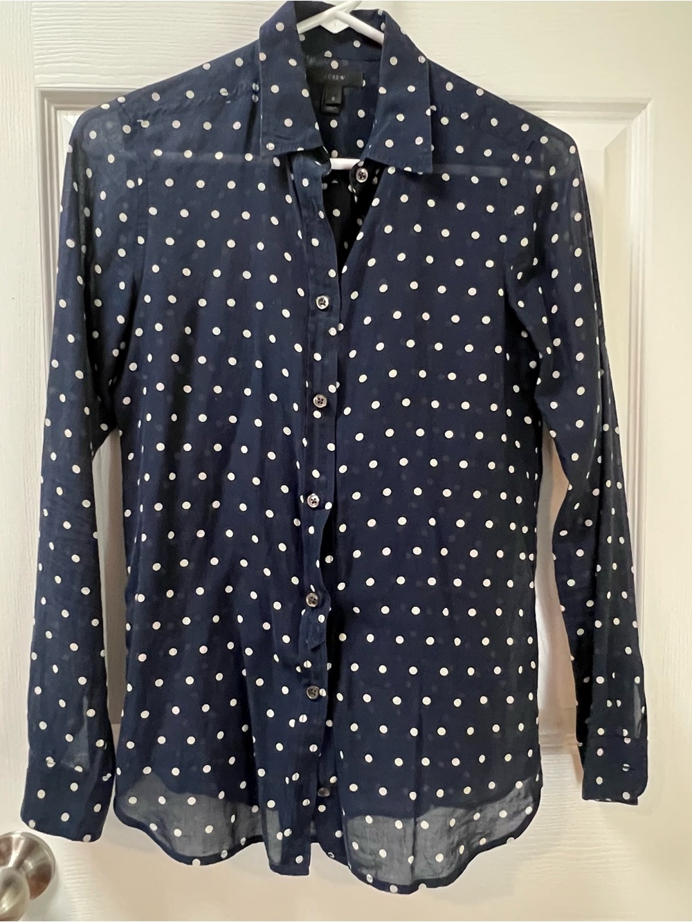 J.CREW Women Polka Dot Semi Sheer Silk Blend Navy Blue Ivory Button Up Blouse 0